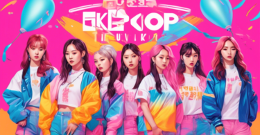 A vibrant illustration of a 3rd Gen K-Pop group unveiling their new fan club kit, featuring a unique self-defense item among colorful merch.