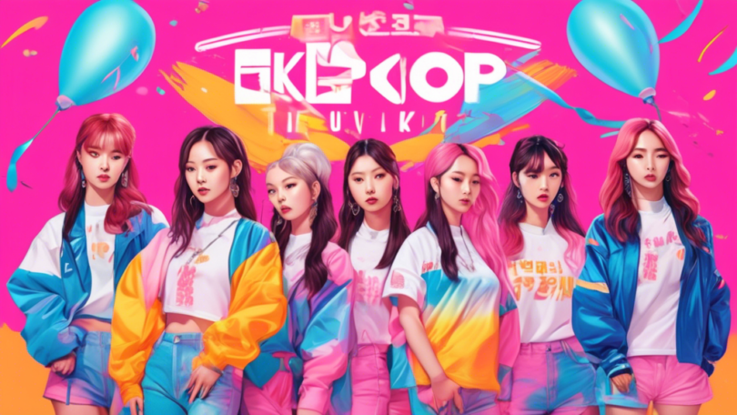 A vibrant illustration of a 3rd Gen K-Pop group unveiling their new fan club kit, featuring a unique self-defense item among colorful merch.