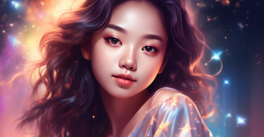 Create a digital portrait of a radiant 5th generation idol in a stunning predebut photoshoot, showcasing ethereal beauty and style that captures the essence of her quickly rising fame. Ensure the background subtly hints at a viral sensation, with visual motifs like glowing stars or shimmering lights, symbolizing her breakout into the music industry.