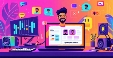 Create an image showing a music artist engaging with fans through the Spotify for Artists platform. The artist, positioned at a sleek, modern workspace with a laptop open to the Spotify for Artists da