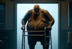 A dark nursing home with the title Hip-Hop Retirement over the door. The main character is an overweight and very old African American rapper, using a walker