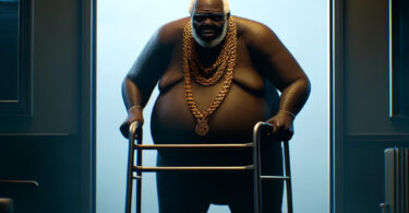 A dark nursing home with the title Hip-Hop Retirement over the door. The main character is an overweight and very old African American rapper, using a walker