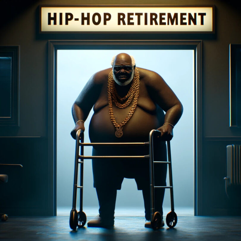 A dark nursing home with the title Hip-Hop Retirement over the door. The main character is an overweight and very old African American rapper, using a walker