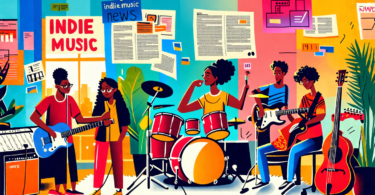 An illustrated collage featuring a diverse group of people of different ethnicities engaged in various DIY music activities in a cozy, artistic home studio environment, surrounded by instruments and r