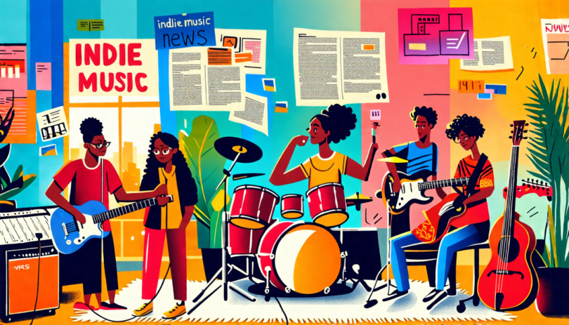 An illustrated collage featuring a diverse group of people of different ethnicities engaged in various DIY music activities in a cozy, artistic home studio environment, surrounded by instruments and r