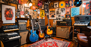 An artistic studio filled with indie music instruments like vintage guitars and analog synthesizers, surrounded by D.I.Y. decorations such as handmade posters and vinyl records, capturing a cozy, crea