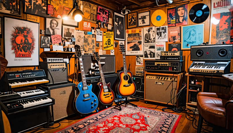 An artistic studio filled with indie music instruments like vintage guitars and analog synthesizers, surrounded by D.I.Y. decorations such as handmade posters and vinyl records, capturing a cozy, crea