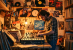 An artist in a cozy, cluttered workshop filled with musical instruments and DIY electronics, intently assembling a homemade synthesizer while indie music vinyl records are scattered around, soft warm