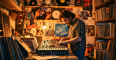 An artist in a cozy, cluttered workshop filled with musical instruments and DIY electronics, intently assembling a homemade synthesizer while indie music vinyl records are scattered around, soft warm