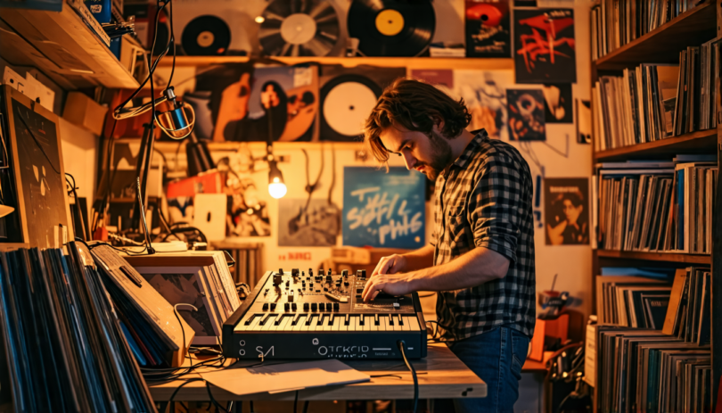 An artist in a cozy, cluttered workshop filled with musical instruments and DIY electronics, intently assembling a homemade synthesizer while indie music vinyl records are scattered around, soft warm