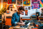 An artist in a cozy, vibrant studio, surrounded by musical instruments and DIY equipment like synthesizers and recording gear, intently working on assembling a homemade pedalboard, with posters of ind