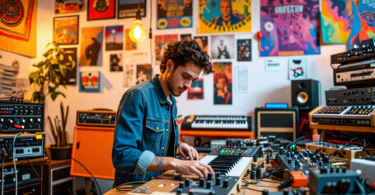 An artist in a cozy, vibrant studio, surrounded by musical instruments and DIY equipment like synthesizers and recording gear, intently working on assembling a homemade pedalboard, with posters of ind