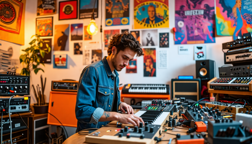 An artist in a cozy, vibrant studio, surrounded by musical instruments and DIY equipment like synthesizers and recording gear, intently working on assembling a homemade pedalboard, with posters of ind