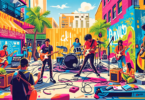 Create an illustration of a vibrant urban setting with street musicians playing various instruments, people working on arts and crafts, a makeshift outdoor stage with a band performing, and a communit