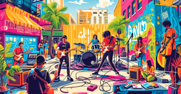 Create an illustration of a vibrant urban setting with street musicians playing various instruments, people working on arts and crafts, a makeshift outdoor stage with a band performing, and a communit