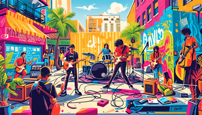 Create an illustration of a vibrant urban setting with street musicians playing various instruments, people working on arts and crafts, a makeshift outdoor stage with a band performing, and a communit