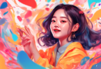 A vivid digital portrait of BABYMONSTER's Ahyeon at her first-ever fansign event, capturing the moment of a heartwarming interaction with a fan, surrounded by vibrant, swirling colors symbolizing the viral sensation.