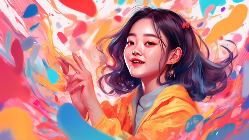 A vivid digital portrait of BABYMONSTER's Ahyeon at her first-ever fansign event, capturing the moment of a heartwarming interaction with a fan, surrounded by vibrant, swirling colors symbolizing the viral sensation.