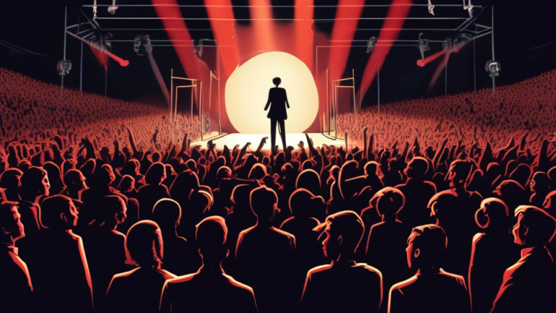 detailed illustration of a crowded concert venue with a large group of unhappy fans being turned away at the entrance, as a towering figure of IU performs on stage in the background, under a spotlight, amidst visible controversy symbols
