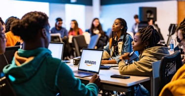 A vibrant digital classroom filled with diverse, enthusiastic musicians and indie artists attending a marketing workshop led by experts from Amazon Music and Symphonic, featuring laptops with the logo