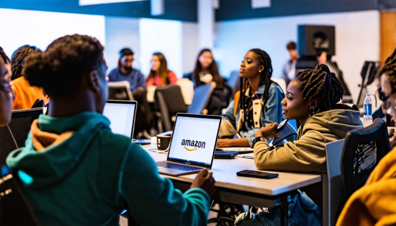 A vibrant digital classroom filled with diverse, enthusiastic musicians and indie artists attending a marketing workshop led by experts from Amazon Music and Symphonic, featuring laptops with the logo