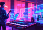 Digital artwork of a futuristic music studio with an AI assistant displaying transparent holograms of analytics graphs and stream data, where musicians are examining and discussing the authenticity of