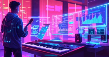 Digital artwork of a futuristic music studio with an AI assistant displaying transparent holograms of analytics graphs and stream data, where musicians are examining and discussing the authenticity of