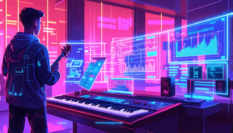 Digital artwork of a futuristic music studio with an AI assistant displaying transparent holograms of analytics graphs and stream data, where musicians are examining and discussing the authenticity of