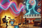 An artistic representation of the future of music, showcasing the fusion of AI technology and human creativity. The image features a vibrant digital interface with musical notes, instruments, and AI-inspired visuals blending together, symbolizing the evolution of music creation and engagement.