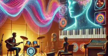 An artistic representation of the future of music, showcasing the fusion of AI technology and human creativity. The image features a vibrant digital interface with musical notes, instruments, and AI-inspired visuals blending together, symbolizing the evolution of music creation and engagement.