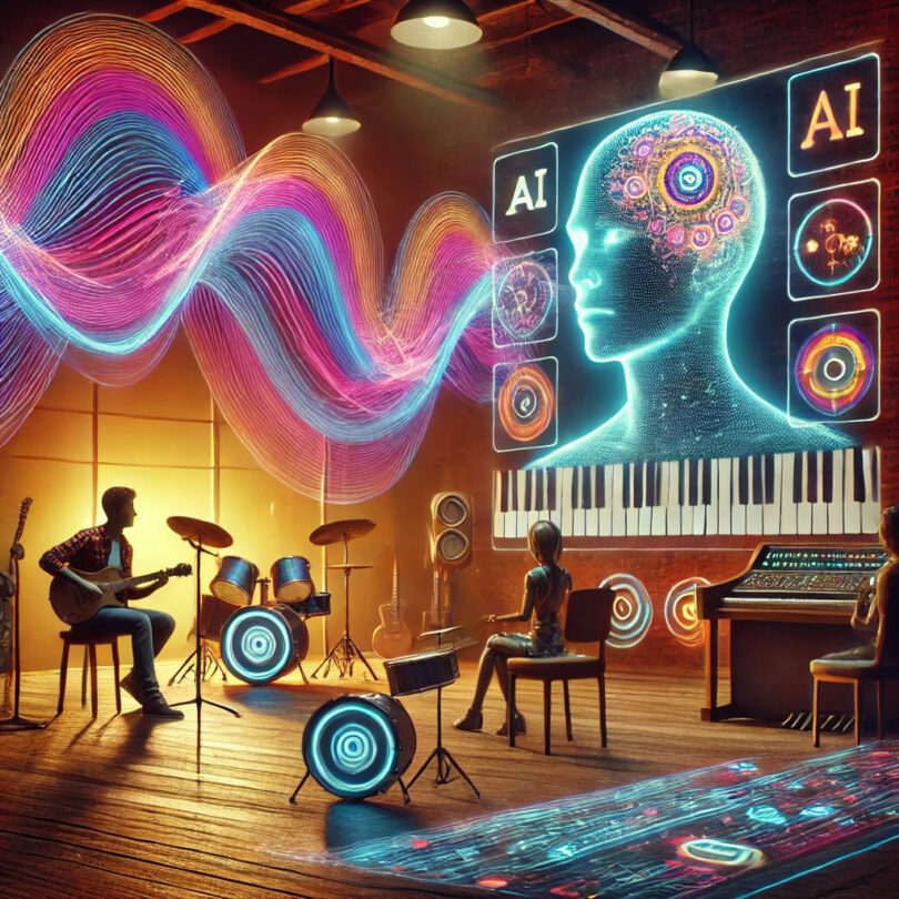 An artistic representation of the future of music, showcasing the fusion of AI technology and human creativity. The image features a vibrant digital interface with musical notes, instruments, and AI-inspired visuals blending together, symbolizing the evolution of music creation and engagement.