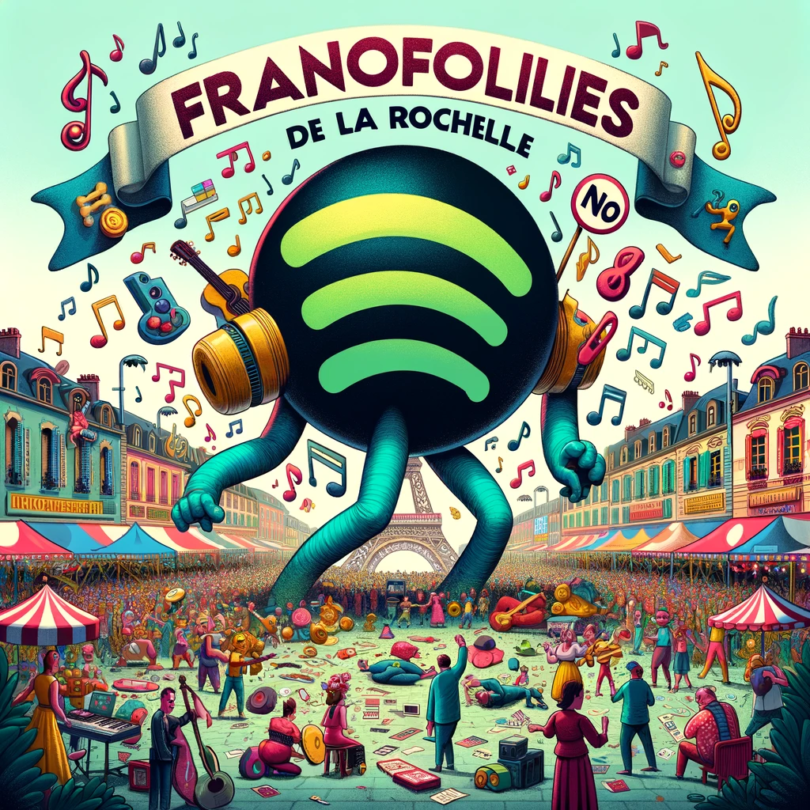 Animated Francofolies de La Rochelle music festival with floating musical notes, a large Spotify logo with a 'no' sign, and caricatured musicians under a stylized banner.