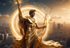 Create an image of Apollo, the Greek god of music and arts, standing over a cityscape with a futuristic twist. He holds a golden spear in one hand and a glowing orb representing $700 million in the ot