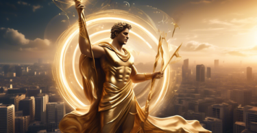 Create an image of Apollo, the Greek god of music and arts, standing over a cityscape with a futuristic twist. He holds a golden spear in one hand and a glowing orb representing $700 million in the ot