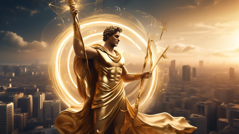 Create an image of Apollo, the Greek god of music and arts, standing over a cityscape with a futuristic twist. He holds a golden spear in one hand and a glowing orb representing $700 million in the ot