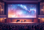 An artistic rendering of an elegant classical music concert with a large screen displaying a digital album booklet, surrounded by an audience enjoying the performance, set in a modern auditorium.