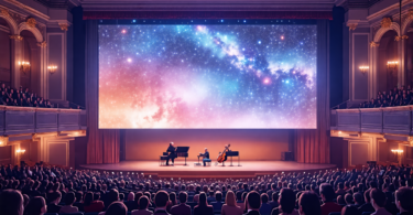 An artistic rendering of an elegant classical music concert with a large screen displaying a digital album booklet, surrounded by an audience enjoying the performance, set in a modern auditorium.