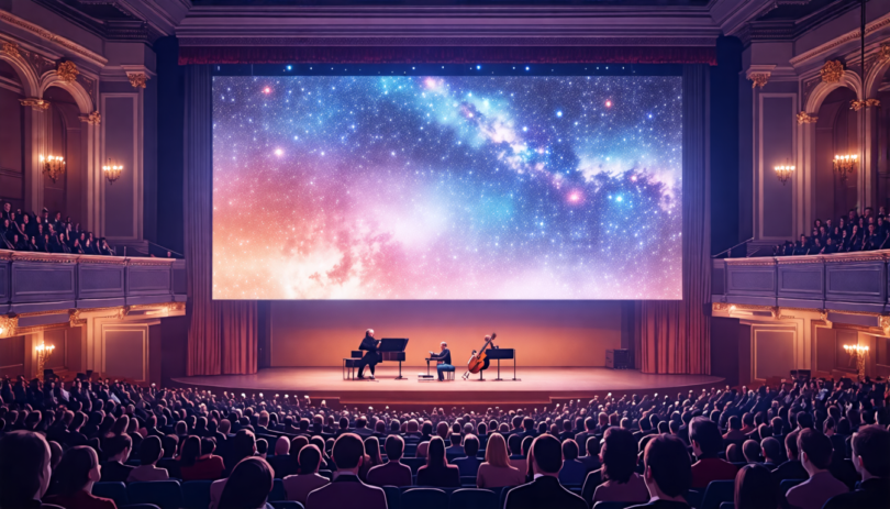 An artistic rendering of an elegant classical music concert with a large screen displaying a digital album booklet, surrounded by an audience enjoying the performance, set in a modern auditorium.