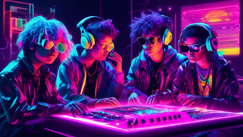 A futuristic visualization of the BABYMONSTER band members in a neon-lit studio, listening to their track sampler with a mix of determination and concern on their faces, as colorful digital feedback from fans scrolls in the air around them.