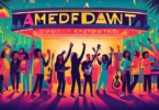 Create a vibrant and energetic illustration of indie musicians and record label owners celebrating under a marquee that reads 'A New Dawn for Independent Artists.' Depict diverse artists with instrume