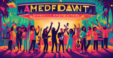 Create a vibrant and energetic illustration of indie musicians and record label owners celebrating under a marquee that reads 'A New Dawn for Independent Artists.' Depict diverse artists with instrume