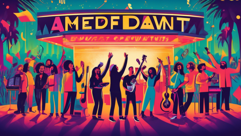 Create a vibrant and energetic illustration of indie musicians and record label owners celebrating under a marquee that reads 'A New Dawn for Independent Artists.' Depict diverse artists with instrume