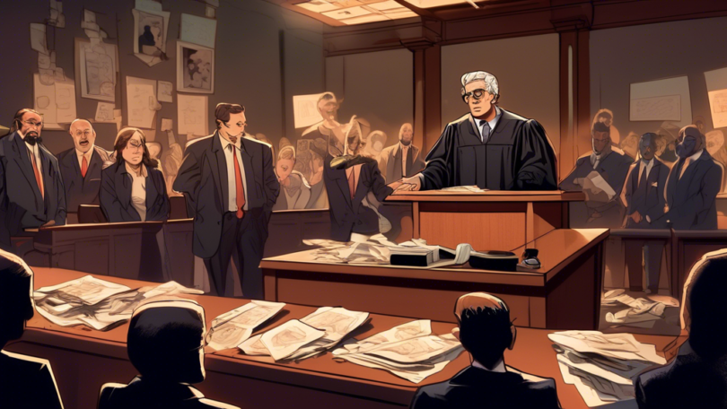 A courtroom scene with a judge delivering a sentence to a broadcast writer, surrounded by evidence of extortion and images of the famous idol, in a dramatically lit, tense atmosphere.