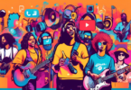 Create an image depicting various musicians using different social media platforms to promote their music. Show a singer sharing a video on YouTube, a guitarist posting on Instagram, a DJ tweeting on