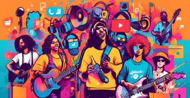 Create an image depicting various musicians using different social media platforms to promote their music. Show a singer sharing a video on YouTube, a guitarist posting on Instagram, a DJ tweeting on