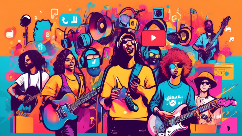 Create an image depicting various musicians using different social media platforms to promote their music. Show a singer sharing a video on YouTube, a guitarist posting on Instagram, a DJ tweeting on