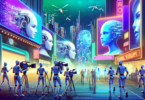 Create an image depicting the fusion of cutting-edge AI technologies with film and advertising. Show a futuristic film set with robotic directors, AI-driven cameras, and holographic actors interacting
