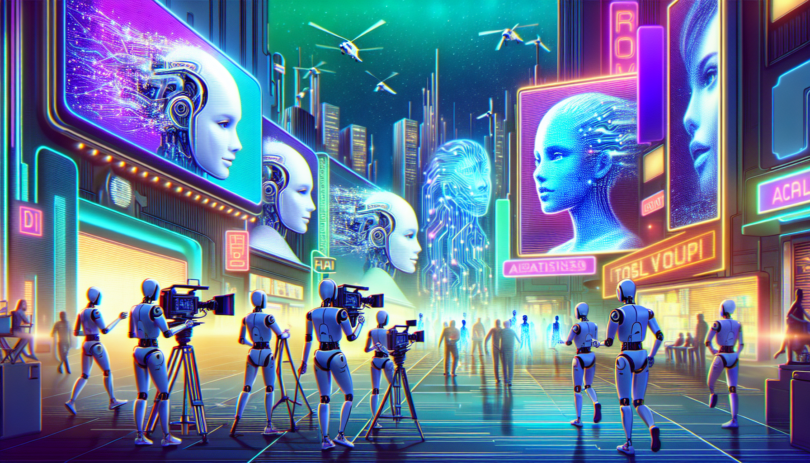 Create an image depicting the fusion of cutting-edge AI technologies with film and advertising. Show a futuristic film set with robotic directors, AI-driven cameras, and holographic actors interacting