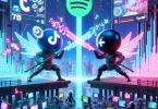 Dueling mascots of TikTok and Spotify engaged in an epic battle in a futuristic digital arena, with neon lights and digital elements as weapons.