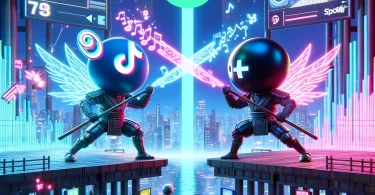 Dueling mascots of TikTok and Spotify engaged in an epic battle in a futuristic digital arena, with neon lights and digital elements as weapons.